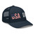 Navy six-panel mesh-back trucker cap with embroidered USA DAD logo, right-front view — DAD all caps