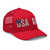 Red six-panel mesh-back trucker cap with embroidered USA DAD logo, right-front view — DAD all caps