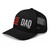 Black six-panel mesh-back trucker cap with embroidered Flag DAD logo, left-front view — DAD all caps
