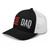 Black/White six-panel mesh-back trucker cap with embroidered Flag DAD logo, left-front view — DAD all caps