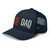 Navy six-panel mesh-back trucker cap with embroidered Flag DAD logo, left-front view — DAD all caps
