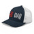 Navy/White six-panel mesh-back trucker cap with embroidered Flag DAD logo, left-front view — DAD all caps