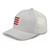 Silver six-panel mesh-back trucker cap with embroidered Flag DAD logo, left-front view — DAD all caps