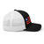 Black/White six-panel mesh-back trucker cap with embroidered Flag DAD logo, right side view — DAD all caps