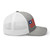 Heather Grey/White six-panel mesh-back trucker cap with embroidered Flag DAD logo, right side view — DAD all caps