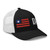 Black/White six-panel mesh-back trucker cap with embroidered Flag DAD logo, right-front view — DAD all caps