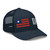 Navy six-panel mesh-back trucker cap with embroidered Flag DAD logo, right-front view — DAD all caps
