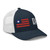Navy/White six-panel mesh-back trucker cap with embroidered Flag DAD logo, right-front view — DAD all caps