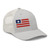 Silver six-panel mesh-back trucker cap with embroidered Flag DAD logo, right-front view — DAD all caps