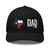 Black six-panel mesh-back trucker cap with state flag color embroidered Texas DAD logo, front view — DAD all caps
