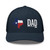 Navy six-panel mesh-back trucker cap with state flag color embroidered Texas DAD logo, front view — DAD all caps