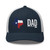 Navy/White six-panel mesh-back trucker cap with state flag color embroidered Texas DAD logo, front view — DAD all caps