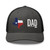 Charcoal/Black six-panel mesh-back trucker cap with state flag color embroidered Texas DAD logo, front view — DAD all caps