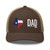 Brown/Khaki six-panel mesh-back trucker cap with state flag color embroidered Texas DAD logo, front view — DAD all caps