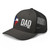 Charcoal six-panel mesh-back trucker cap with state flag color embroidered Texas DAD logo, left-front view — DAD all caps