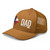 Caramel six-panel mesh-back trucker cap with state flag color embroidered Texas DAD logo, left-front view — DAD all caps