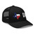 Black six-panel mesh-back trucker cap with state flag color embroidered Texas DAD logo, right-front view — DAD all caps