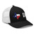 Black/White six-panel mesh-back trucker cap with state flag color embroidered Texas DAD logo, right-front view — DAD all caps