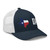 Navy/White six-panel mesh-back trucker cap with state flag color embroidered Texas DAD logo, right-front view — DAD all caps