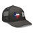 Charcoal six-panel mesh-back trucker cap with state flag color embroidered Texas DAD logo, right-front view — DAD all caps