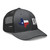 Dark Heather Gray six-panel mesh-back trucker cap with state flag color embroidered Texas DAD logo, right-front view — DAD all caps