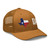 Caramel six-panel mesh-back trucker cap with state flag color embroidered Texas DAD logo, right-front view — DAD all caps