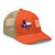 Rustic Orange/Khaki six-panel mesh-back trucker cap with state flag color embroidered Texas DAD logo, right-front view — DAD all caps