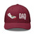 Cranberry six-panel mesh-back trucker cap with state flag color embroidered Cali DAD logo, front view — DAD all caps