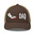 Brown/Khaki six-panel mesh-back trucker cap with state flag color embroidered Cali DAD logo, front view — DAD all caps