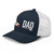 Navy/White six-panel mesh-back trucker cap with state flag color embroidered Cali DAD logo, left-front view — DAD all caps