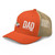 Rustic Orange/Khaki six-panel mesh-back trucker cap with state flag color embroidered Cali DAD logo, left-front view — DAD all caps