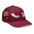 Cranberry six-panel mesh-back trucker cap with state flag color embroidered Cali DAD logo, right-front view — DAD all caps