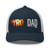 Navy/White six-panel mesh-back trucker cap with embroidered Pyro DAD logo, front view — DAD all caps