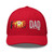 Red six-panel mesh-back trucker cap with embroidered Pyro DAD logo, front view — DAD all caps