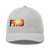 Silver six-panel mesh-back trucker cap with embroidered Pyro DAD logo, front view — DAD all caps