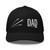 Black six-panel mesh-back trucker cap with embroidered Firework DAD logo, front view — DAD all caps