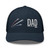 Navy six-panel mesh-back trucker cap with embroidered Firework DAD logo, front view — DAD all caps