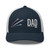 Navy/White six-panel mesh-back trucker cap with embroidered Firework DAD logo, front view — DAD all caps