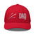Red six-panel mesh-back trucker cap with embroidered Firework DAD logo, front view — DAD all caps