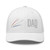 White six-panel mesh-back trucker cap with embroidered Firework DAD logo, front view — DAD all caps