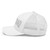 White six-panel mesh-back trucker cap with embroidered Firework DAD logo, left side view — DAD all caps