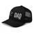 Black six-panel mesh-back trucker cap with embroidered Firework DAD logo, left-front view — DAD all caps