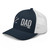 Navy/White six-panel mesh-back trucker cap with embroidered Firework DAD logo, left-front view — DAD all caps