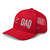 Red six-panel mesh-back trucker cap with embroidered Firework DAD logo, left-front view — DAD all caps