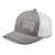 Heather Grey/White six-panel mesh-back trucker cap with embroidered Firework DAD logo, left-front view — DAD all caps