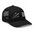 Black six-panel mesh-back trucker cap with embroidered Firework DAD logo, right-front view — DAD all caps