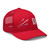 Red six-panel mesh-back trucker cap with embroidered Firework DAD logo, right-front view — DAD all caps