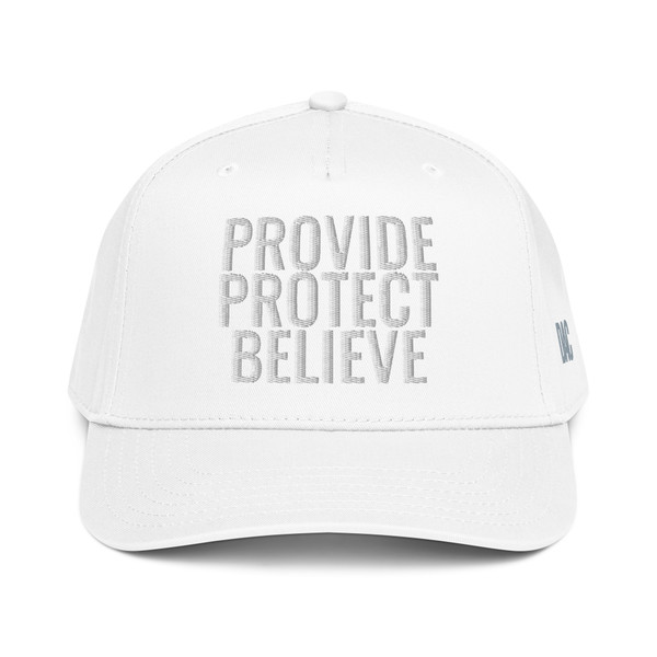 White classic fit structured five-panel cap with embroidered Provide Protect Believe logo, front view — DAD all caps