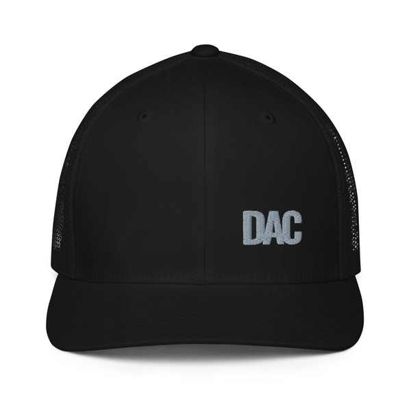 Black structured closed-back trucker cap with embroidered DAD all caps logo, front view — DAD all caps
