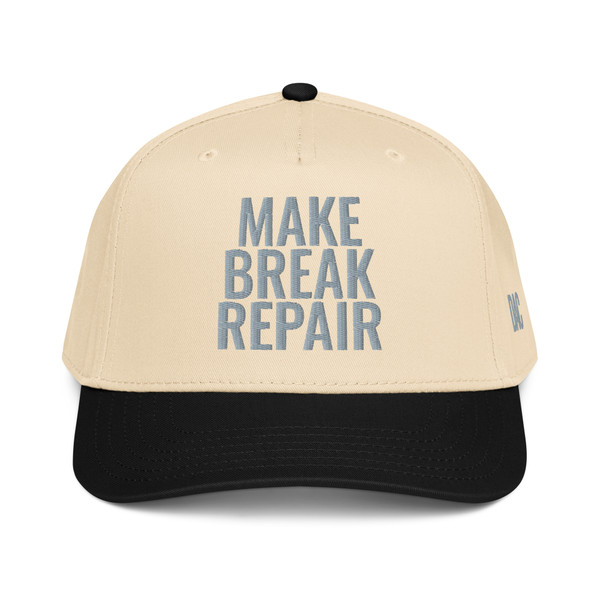 Black/Natural classic fit structured five-panel cap with embroidered Make Break Repair logo, front view — DAD all caps